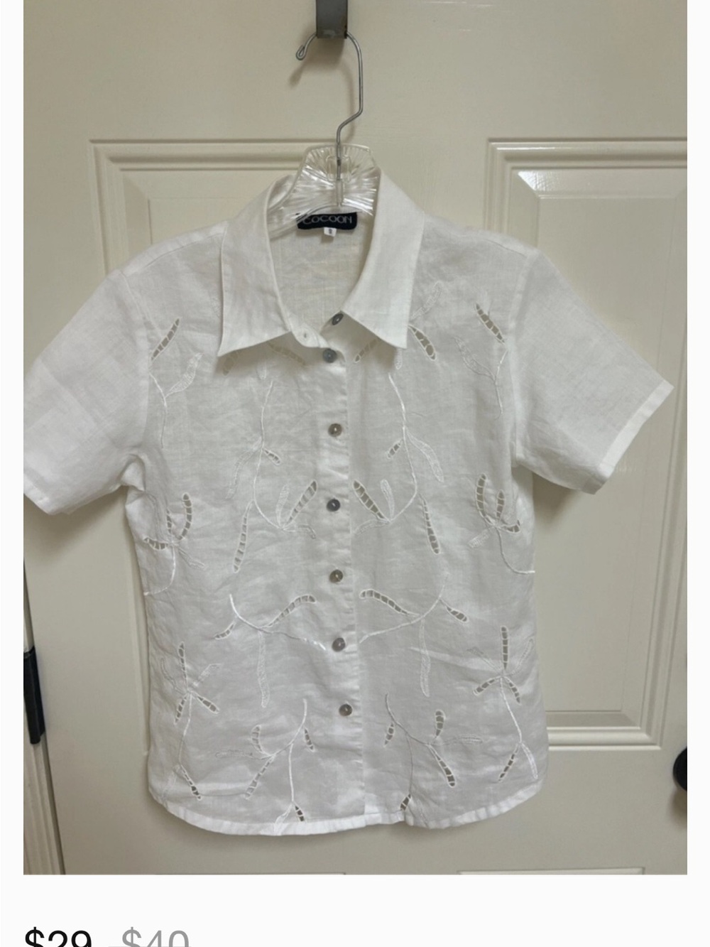 Cocoon White Blouse Shirt Dragon Fly buttons 100% Linen Size Small